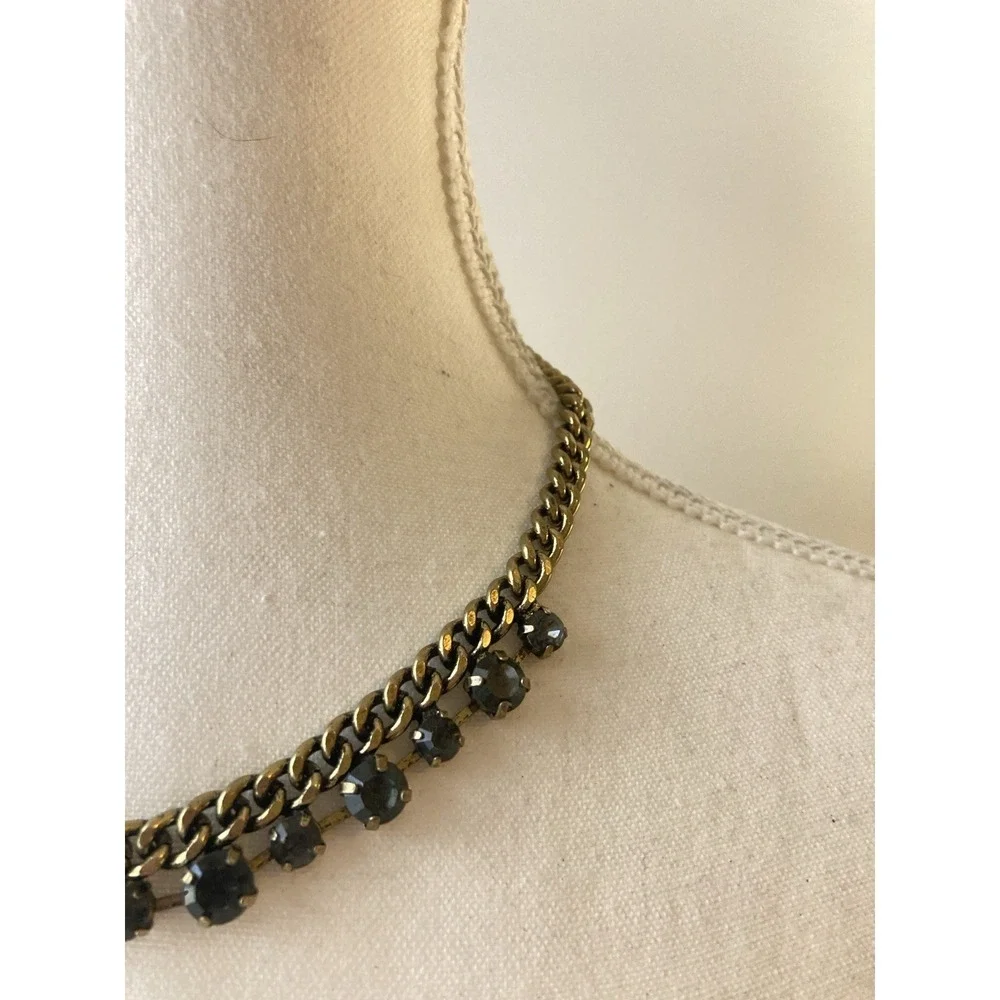 Gold Tone Curb Chain Necklace Charcoal Grey Rhinestone Statement‎ Collar Couture